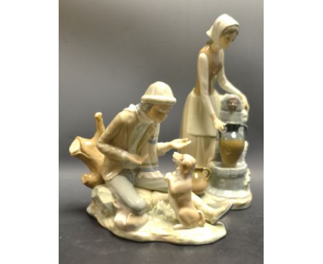 A Lladro figure of a lady collecting water from the fountain;  a Nao figure of a boy with a puppy (2)