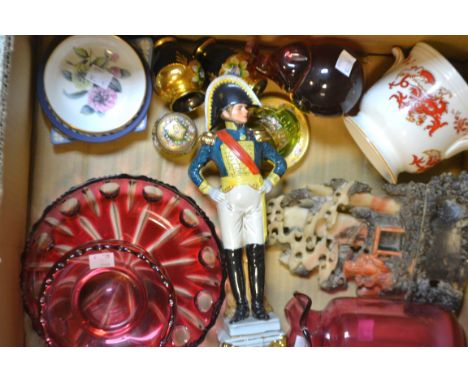 A Louis Sayn Napoleonic soldier; EPNS breakfast cruet, Wedgwood Jasperware; enamelled glassware; soapstone carving; paperweig
