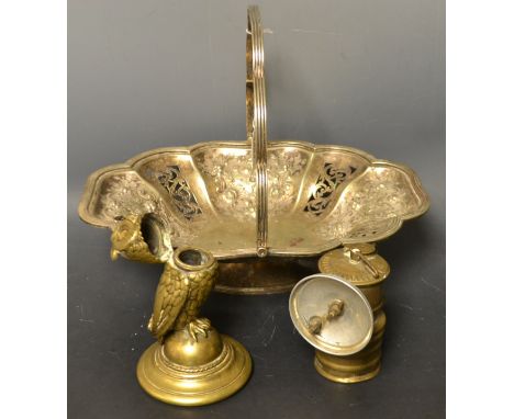 A premier brass bike lamp;  a novelty brass inkwell as a owl;  EPNS basket (3)