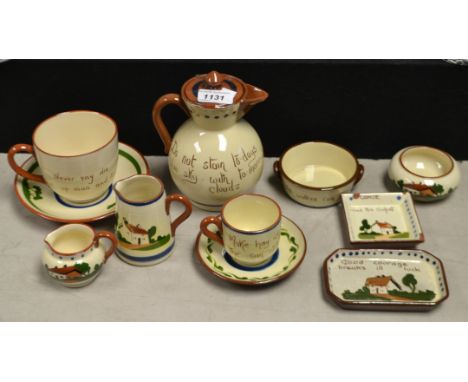 Mottoware - a Watcombe  Bachelors tea service including water jug, breakfast cup and saucer, small tea cup and saucer sugar b