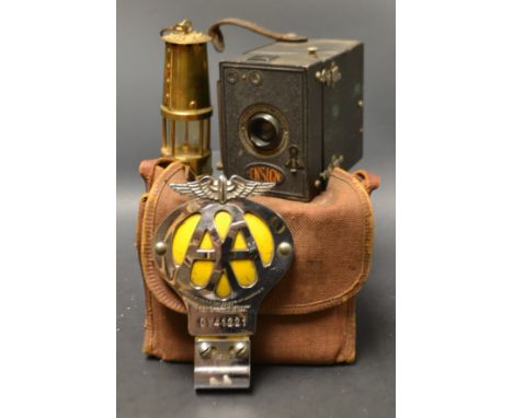 A Ensign box camera; AA Badge; miniature miners lamp (3)