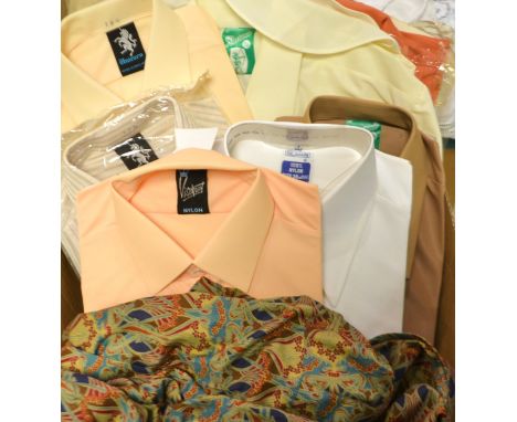 Textiles - vintage costume, five gentlemans' unworn nylon shirts, part packaged, assorted, late 1960s/early 1970s; three othe