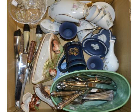 A continental 1960s coffee set, printed with criniloine lady and a courting couple; Hornsea Fuana novelty animal vases; Wedgw
