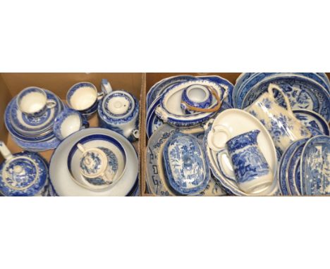 Blue and white ceramics - Doulton Burslem willow pattern bowl; a large blue and white meat plate, another, similar; George Jo