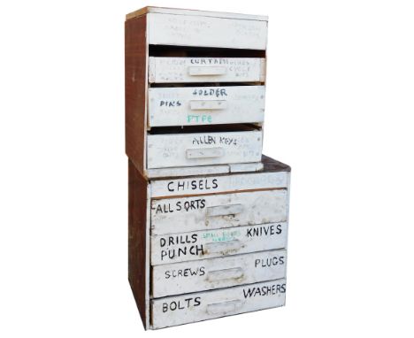 Two tool cabinets, containing chisels, drill bits, screws, bolts, Allen keys, etc. 