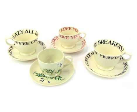 A group of Emma Bridgewater pottery, comprising two Sunday Morning cups and saucers, in the Toast and Marmalade pattern, toge