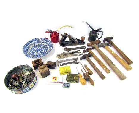 Vintage tools, to include hammers, planes, screwdrivers, box containing keys, pottery blue and white dish, etc. 