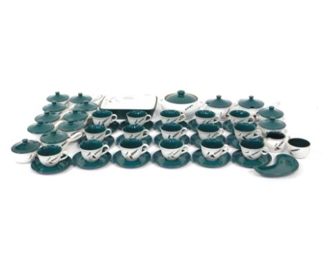 A Denby stoneware Green Wheat pattern part tea and dinner service, to include teacups and saucers, soup bowls and covers, dis