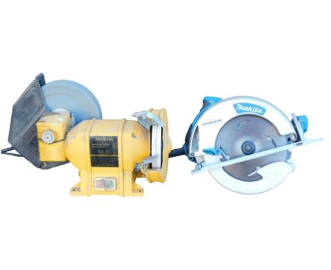 A Makita electric circular saw, together with a Perform Wet &amp; Dry electric bench grinder. (2)