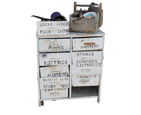 A white painted chest, containing various tool bits, pliers, electric springs, bearings, etc. (a quantity)