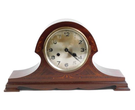 An Edwardian mahogany and inlaid mantel clock, silvered dial bearing Arabic numerals, eight day movement, with coil strike, t