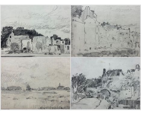 George Graham (British 1881-1941): 'Easby Abbey' 'Barnard Castle' Fortress and River Landscape, set four pencil sketches two 