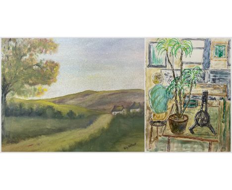 Ruby Wallace (British 20th Century): Path to the Farmhouses, mixed media signed; RSY (Contemporary): 'Studio Scene', watercol