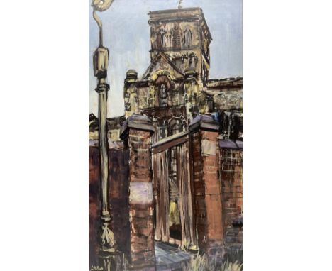 Joan M Pook (Northern British 1927-2011): The Churchyard Gate, oil on board signed 66cm x 38cm