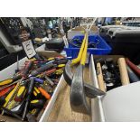 Box of C-Clamps, Grip Clamps, Saws, & (2) Crow Bars