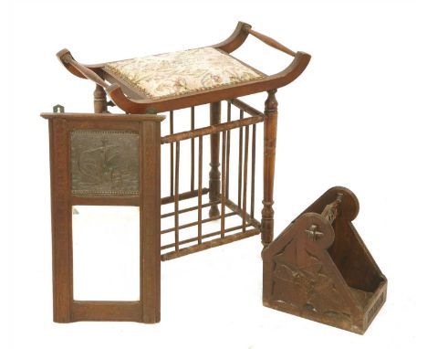 A stained stool, with a spindle gallery 57.5cm wide, a mirror, with an embossed panel, above a bevelled mirror, 29cm wide 52c