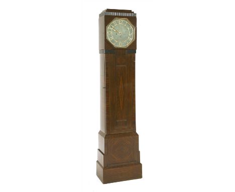 An Art Deco Macassar veneered cocktail cabinet longcase clock, retailed by Aspreys, the octagonal shagreen dial with a silver