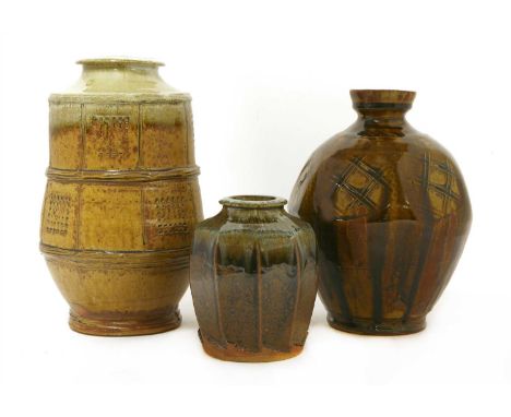 A Mike Dodd studio pottery vase, 15cm high, together with two similar vases, 29 and 25.5cm high (3)