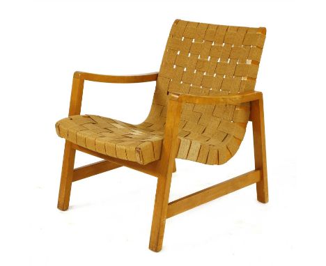 A 652 armchair, designed by Jens Risom for Knoll Associates in 1943, with an unstained webbed seat and birch frame, labelled 