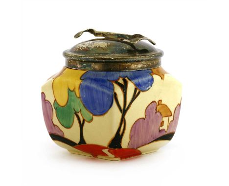 A Clarice Cliff 'Autumn' sugar basin, shape no. 516, with an electroplated cover and extending tongs, printed mark, 9.5cm hig
