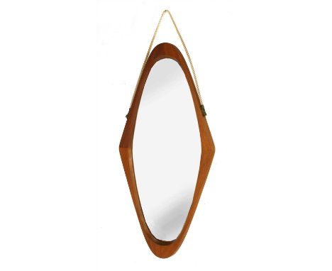 A teak wall mirror, of lozenge form, with a rope suspension, 43cm wide 92cm high