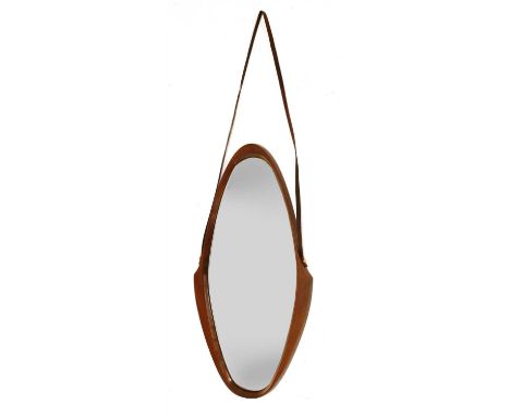 An Italian teak wall mirror, of lozenge form, with a leather strap suspension, 41cm wide 87cm high