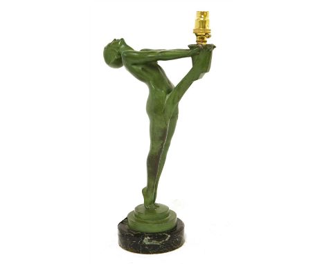 An Art Deco-style patinated spelter table lamp, after a design by Max Le Verrier, lacking a shade, inscribed 'Le Verrier' , o