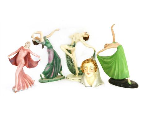 Two Katzhütte pottery dancing figures, 23.5 and 27cm high, two further figures of dancers , 29 and 32cm high, and a Goebel ma
