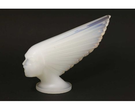 A Lalique 'Spirit of the Wind' car mascot, in opaline glass, etched 'n.136, Lalique France' , 24cm wide 14.5cm high