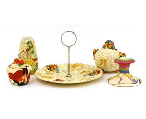 Five Clarice Cliff items, a Lynton sugar sifter, 12.5cm high, a candlestick, 8cm high, a preserve pot and cover, 8cm high, an