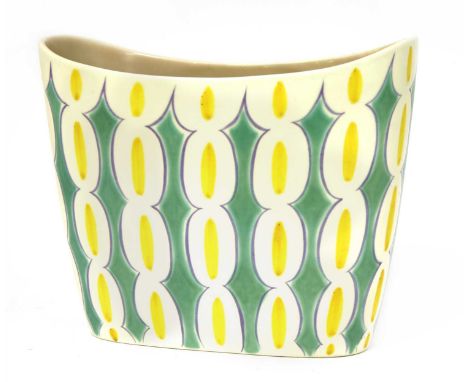 A Poole Pottery freeform bowl, with a design in yellow, purple and turquoise, printed and inscribed with maker's mark and 'PS