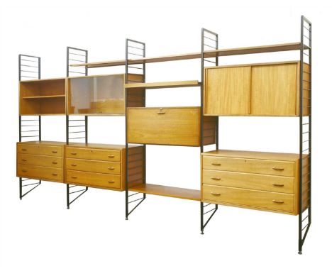 A Ladderax wall unit, designed by Robert Heal for Staples, 1960s, comprising: 10 ladder uprights, 1 single upright, 3 chests,