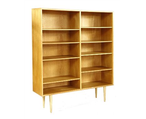 A Danish oak veneered open bookcase, with two rows of adjustable shelves, labelled 'Omann Jun Model Nr 6', 120cm wide 29cm de