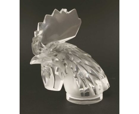 A Lalique 'Tete de Coq' glass car mascot, inscribed 'Lalique France', chip to top, 17cm high, and a 'Chrysis' car mascot, of 