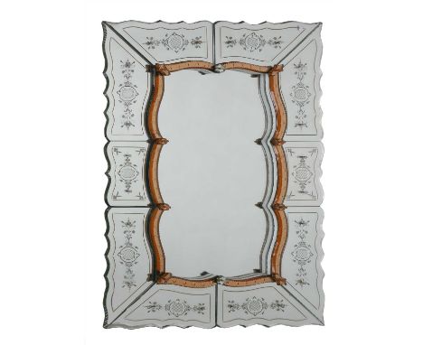 A French multiplate wall mirror, with a central shaped plate, mounted with pink-tinted and cut-glass panels, 92.5cm wide 140c