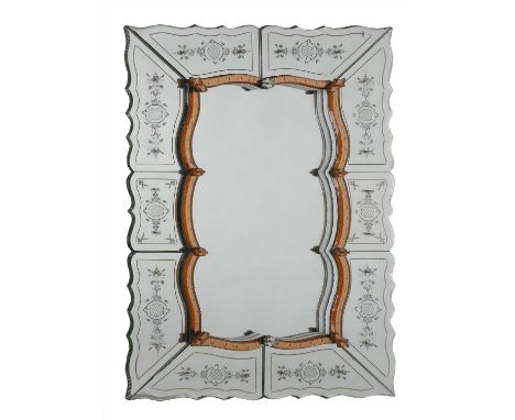 A French multiplate wall mirror, with a central shaped plate, mounted with pink-tinted and cut-glass panels, 92.5cm wide 140c