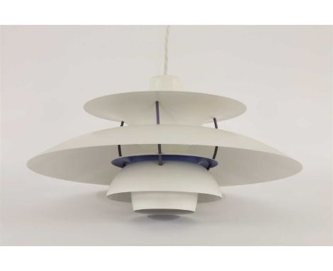 A Louis Poulsen PH5 hanging pendant lamp, designed by Poul Henningsen, in white with a blue reflector, 48cm diameter