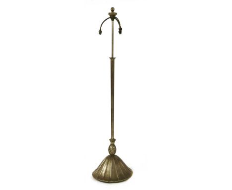 A French silvered standard lamp, with three lights, on a ribbed dome stand, lacking shade, 73.5cm high