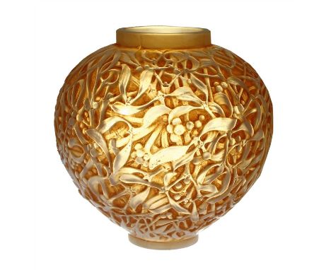 A Lalique 'Gui' glass vase, moulded with mistletoe with brown highlights on the opalescent, etched 'R. Lalique France no. 948