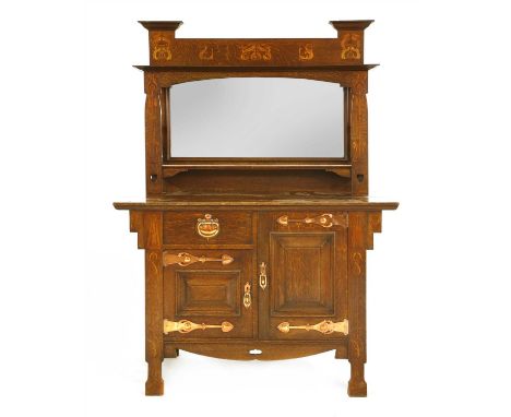 An Arts and Crafts inlaid oak, mirrored back sideboard, by Shapland &amp; Petter, profusely inlaid with a stylised design, ce