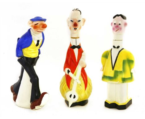 Three Goebel figural decanters, a musician, a man walking, a man looking perplexed, each with printed and stamped marks and n