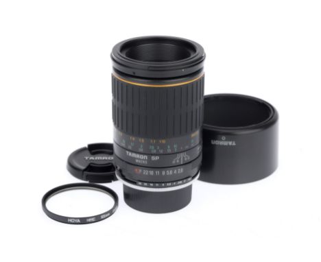 A Tamron SP AF f/2.8 90mm Macro Lens, black, serial number 800358, barrel VG, optics VG, very light haze , with caps and hood