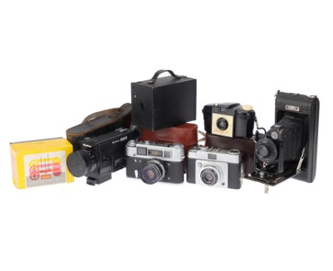 A Selection of Film Cameras, to include a FED4, body G, shutter and advance not woreking, an Ilford Sportsman, body G, shutte