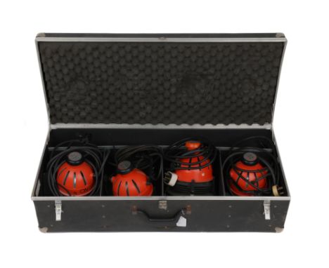 A Set of Quartzcolor Ianebeam 800 Model 3142 Studio Lights, a set of 4 lights, some with barn doors and modifiers, two matchi