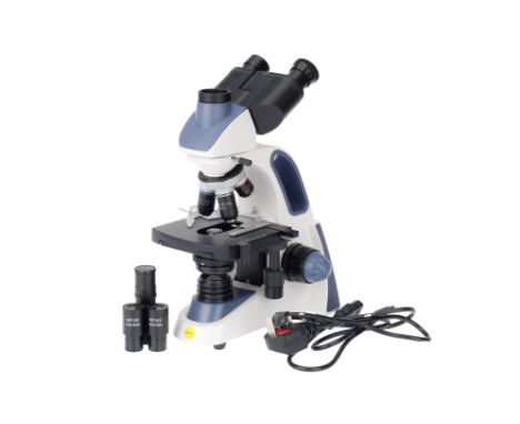 A Swift Trinocular Microscope, serial number 2042757, modern, appears lightly used, four objectives, mechanical stage, substa