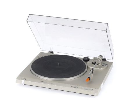 A Technics SL-B210 Turntable, silver, condition F-G, platter spins freely, lid broken at the hinge, untested.