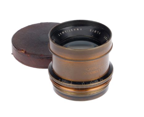 An Aldis Anastigmat f/6.3 10 inch No. 64 Brass Lens, brass, serial number 156437, barrel G, optics G with light haze, iris wo