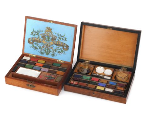 Victorian Artists Paint Boxes, English, late Victorian, with label to lid for 'YOung Artists Water Colours, with 18 paint blo