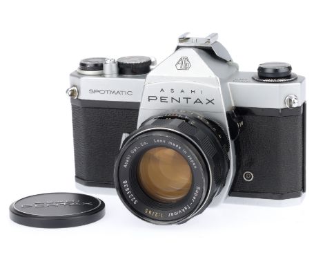 An Asahi Pentax Spotmatic SP SLR Camera, silver, serial number 3830500, body G, marks to bottom plate and prism cover, shutte