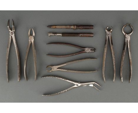 A Group of Dental Forceps and Others, majority English, early 20th /mid Century including: five plated metal forceps with var